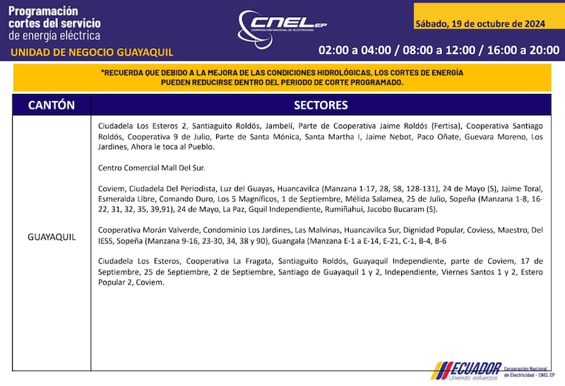 Guayaquil: horarios de cortes de luz para este sábado 19 y domingo 20 de octubre. Imagen: CNEL