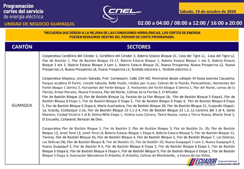 Guayaquil: horarios de cortes de luz para este sábado 19 y domingo 20 de octubre. Imagen: CNEL