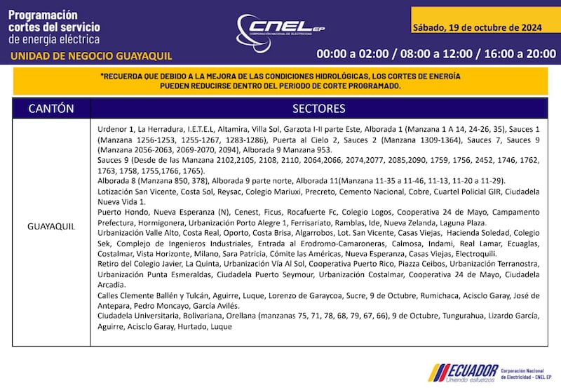 Guayaquil: horarios de cortes de luz para este sábado 19 y domingo 20 de octubre. Imagen: CNEL