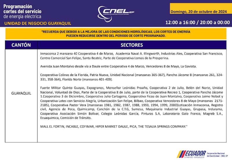 Guayaquil: horarios de cortes de luz para este sábado 19 y domingo 20 de octubre. Imagen: CNEL