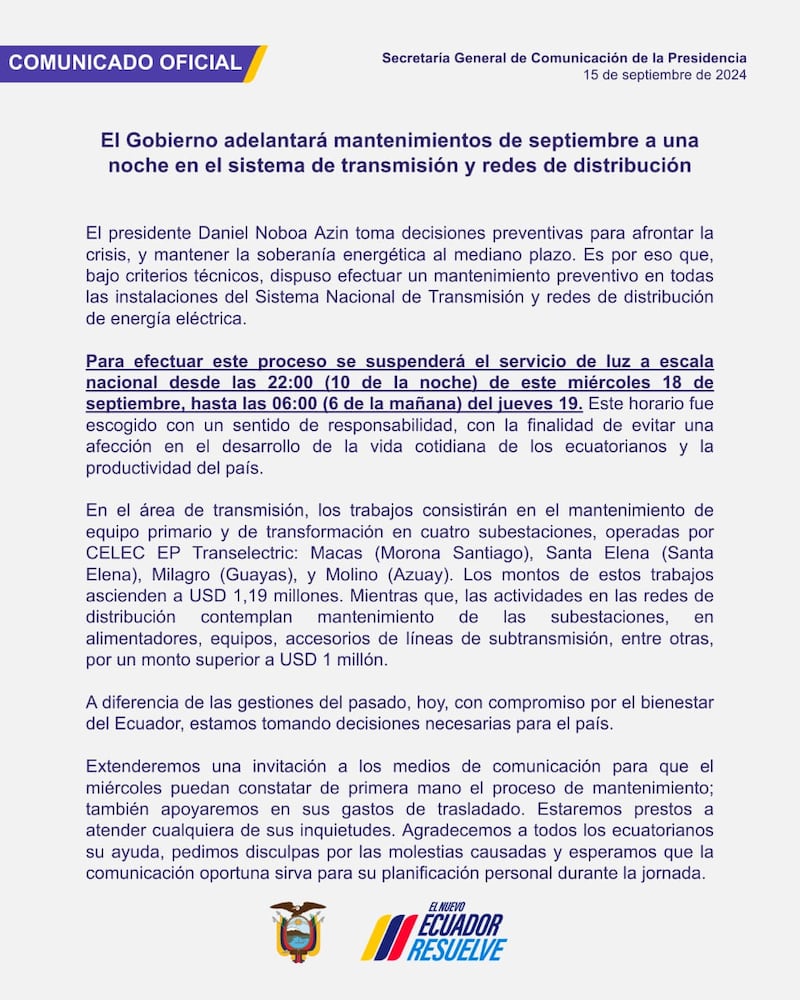 Este 18 de septiembre habrá apagón a nivel nacional