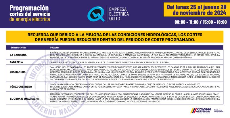 Cortes de luz en Quito del 25 al 28 de noviembre