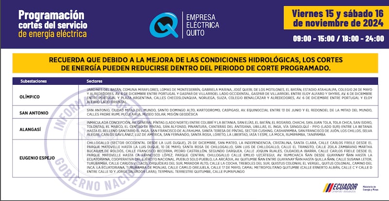 CORTES DE LUZ VIERNES 15 Y SÁBADO 16 DE NOVIEMBRE