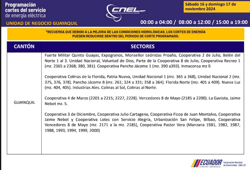 Guayaquil: horarios de cortes de luz de este domingo 17 de noviembre. Imagen: CNEL