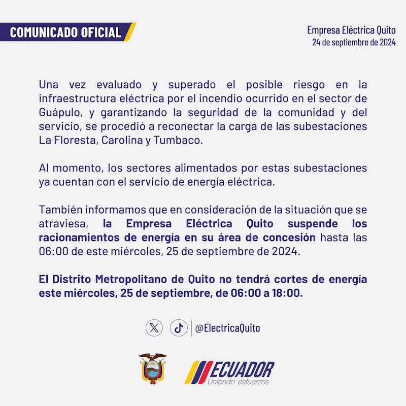 Suspenden cortes de luz hasta las 18h00 de este miércoles 25 de septiembre en Quito