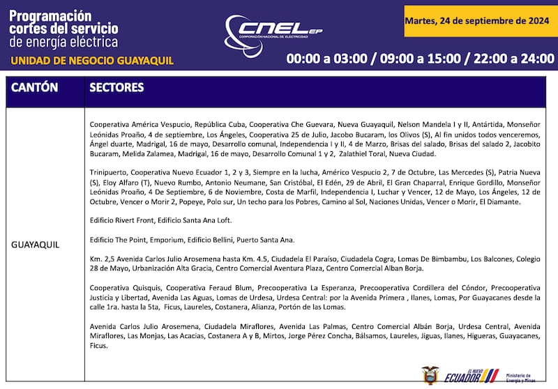 Horario de cortes de luz para este martes 24 de septiembre en Guayaquil.