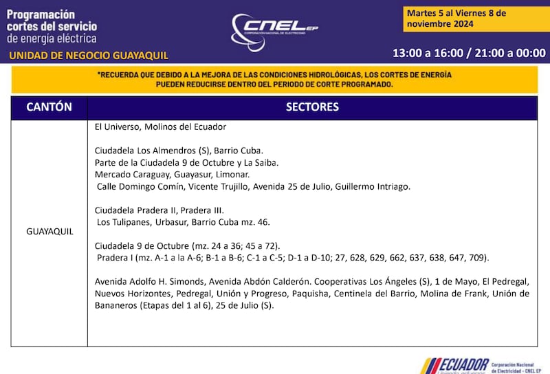 Cortes de luz en Guayaquil hasta el 8 de noviembre