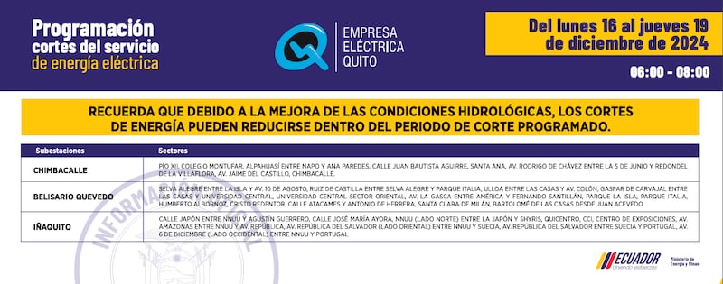 Quito: nuevos horarios de apagones del 16 al 19 de diciembre serán de dos horas. Imagen: EEQ