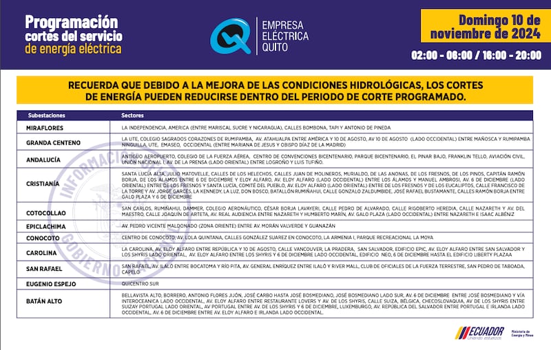 Horarios de cortes de luz para este domingo 10 de noviembre en Quito.