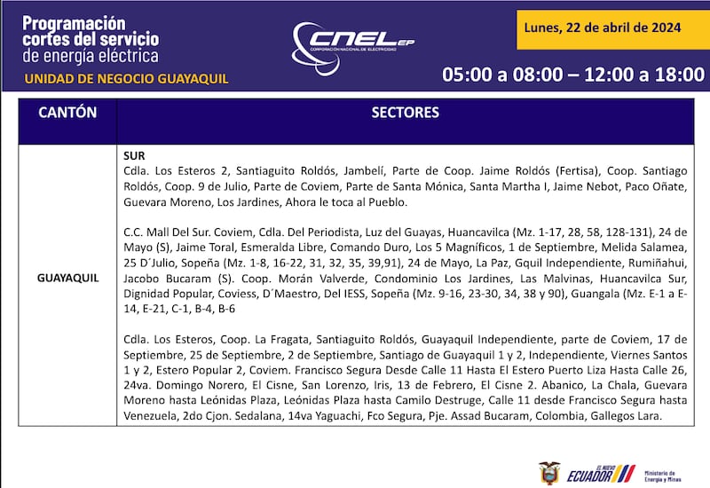 Cortes de luz en Guayaquil este 22 de abril