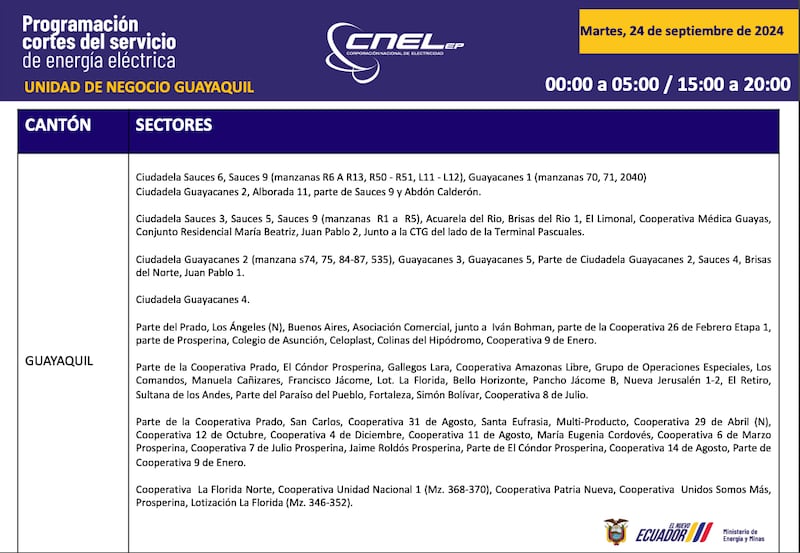 Horario de cortes de luz para este martes 24 de septiembre en Guayaquil.