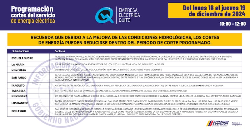 Quito: nuevos horarios de apagones del 16 al 19 de diciembre serán de dos horas. Imagen: EEQ