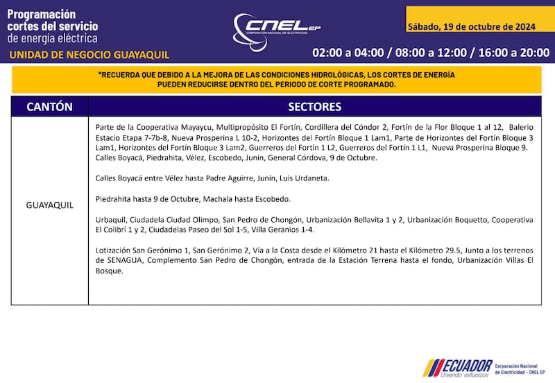 Guayaquil: horarios de cortes de luz para este sábado 19 y domingo 20 de octubre. Imagen: CNEL