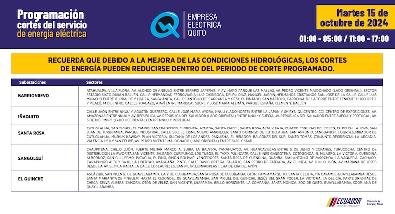 Quito: recuerde los horarios de cortes de luz para este 15 de octubre