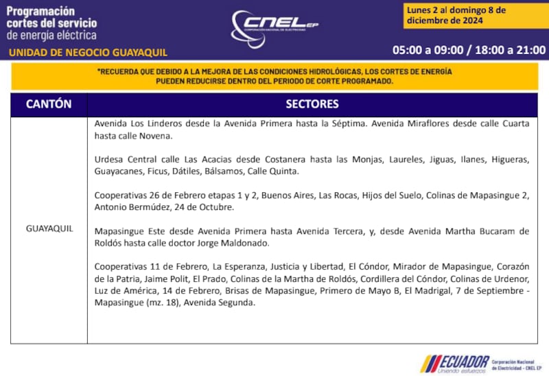 Guayaquil: revise los horarios de cortes de luz del 2 al 8 de diciembre. Imagen: CNEL