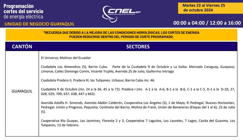 Cortes de luz en Guayaquil del martes 22 al viernes 25 de octubre