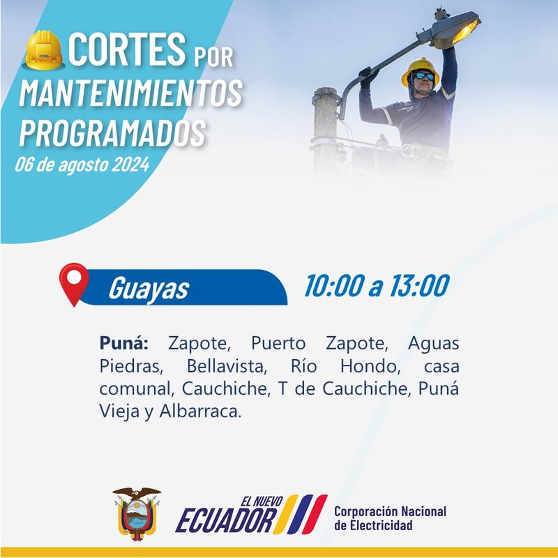 Cortes de luz en siete provincias para este 6 de agosto