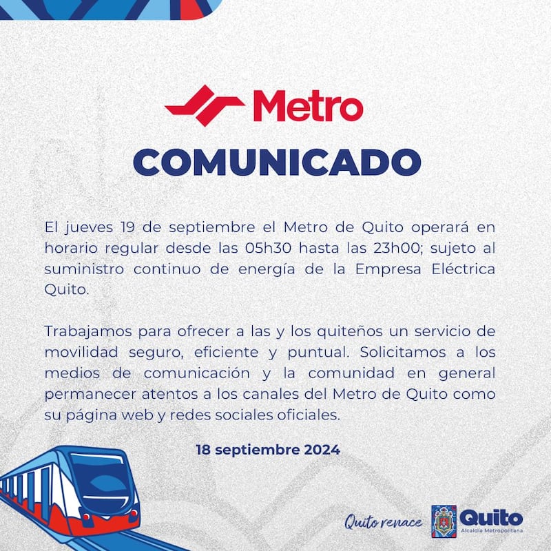 ¿Cómo operará el Metro de Quito este jueves 19 de septiembre?