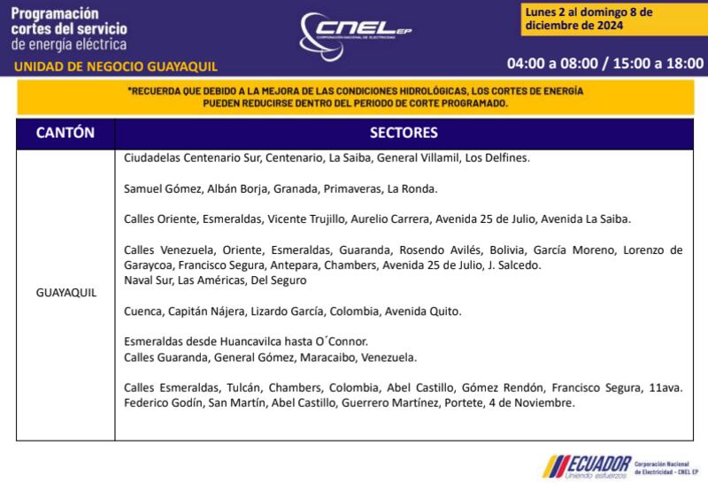 Guayaquil: revise los horarios de cortes de luz del 2 al 8 de diciembre. Imagen: CNEL