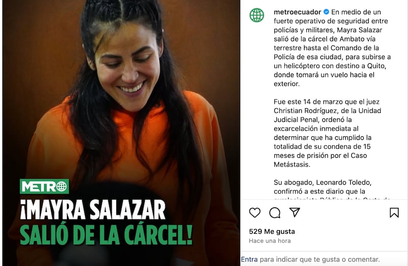 Por su participación en el Caso Metástasis Mayra Salazar fue condenada a quince meses de prisión y al pago de USD 22.860.