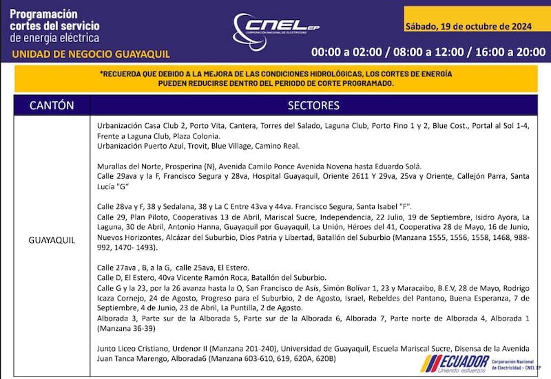 Guayaquil: horarios de cortes de luz para este sábado 19 y domingo 20 de octubre. Imagen: CNEL