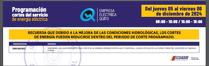 Los sectores de Quito que no tendrán luz el 05 y 06 de diciembre