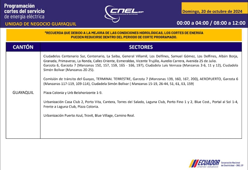 Guayaquil: horarios de cortes de luz para este sábado 19 y domingo 20 de octubre. Imagen: CNEL