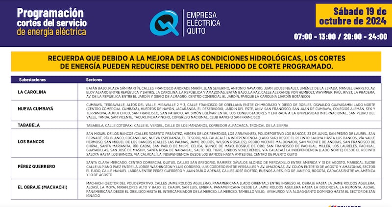 Quito: estos son los horarios de cortes de luz para este sábado 19 y domingo 20 de octubre. Imagen: EEQ