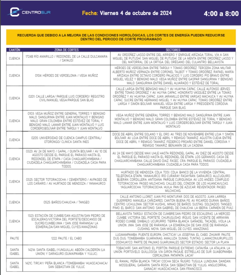 Cortes de luz en Cuenca el 4 de octubre