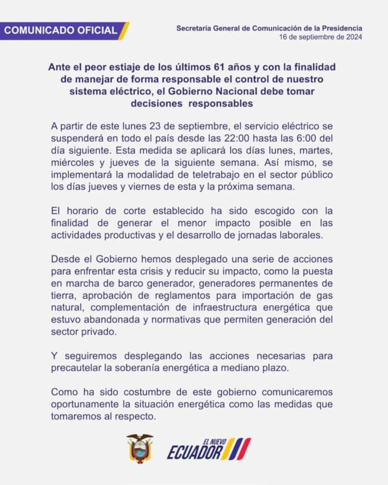 ¿Cuándo será el siguiente apagón nacional en Ecuador?