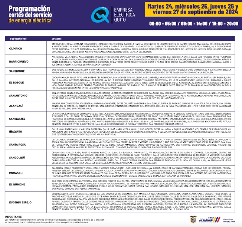 Nuevos horarios de cortes de luz para Quito.