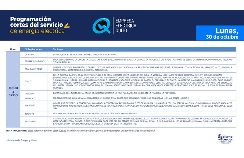 Cronograma de cortes de luz en Quito del 30 de octubre de 2023.