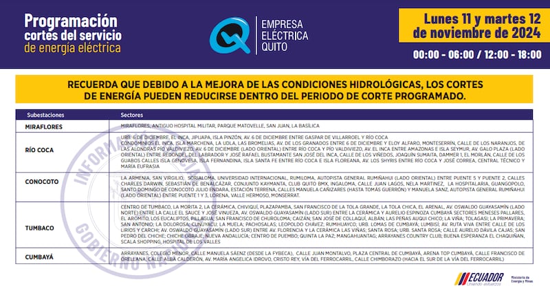 Cortes de luz en Quito 11 y 12 de noviembre