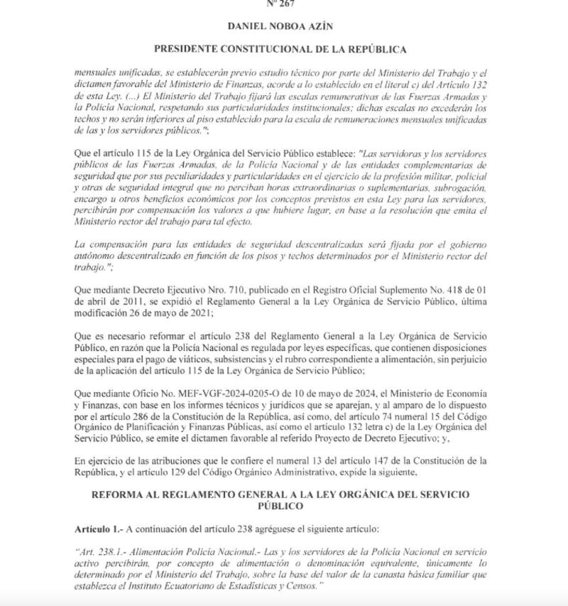 Daniel Noboa suscribió el decreto 267 para entregar un bono de alimentación para policías.