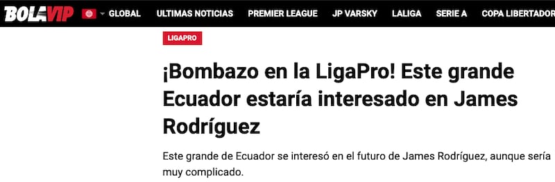 Bolavip y la noticia de James Rodríguez a LDU