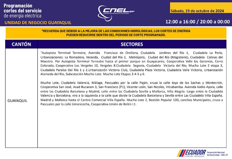 Guayaquil: horarios de cortes de luz para este sábado 19 y domingo 20 de octubre. Imagen: CNEL