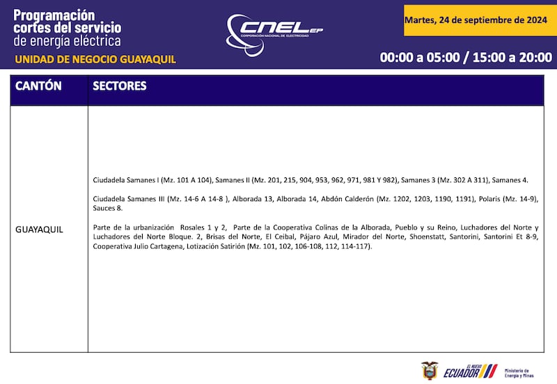 Horario de cortes de luz para este martes 24 de septiembre en Guayaquil.