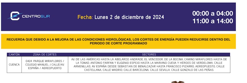 Cuenca: revise el cronograma de cortes de luz de este lunes 2 de diciembre. Imagen: CENTROSUR