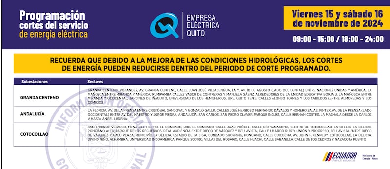 CORTES DE LUZ VIERNES 15 Y SÁBADO 16 DE NOVIEMBRE