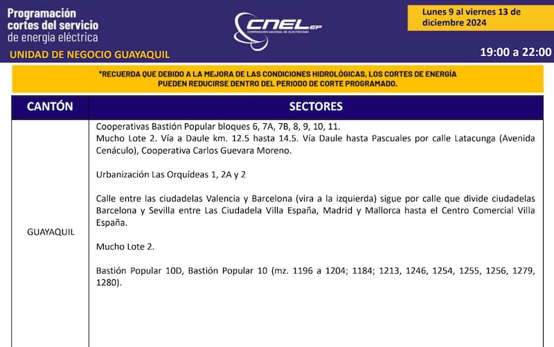 Cortes de luz en Guayaquil del 9 al 15 de diciembre