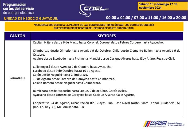 Guayaquil: horarios de cortes de luz de este domingo 17 de noviembre. Imagen: CNEL