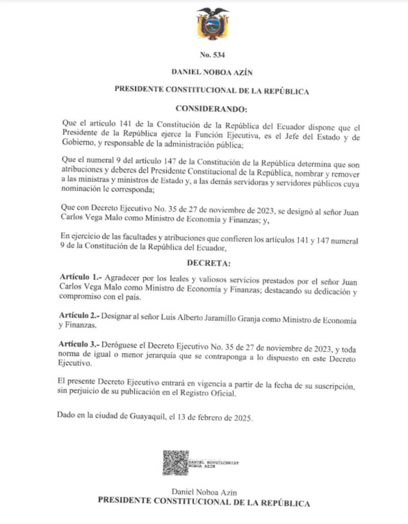 Daniel Noboa designa nuevo ministro de Economía y Finanzas