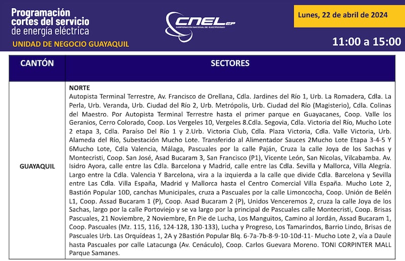Cortes de luz en Guayaquil este 22 de abril