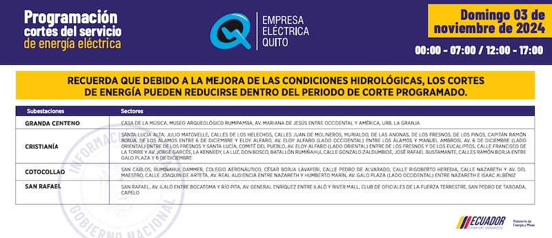 Quito: horarios de cortes de luz del 28 de octubre al 3 de noviembre. Imagen: EEQ