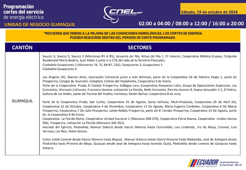 Guayaquil: horarios de cortes de luz para este sábado 19 y domingo 20 de octubre. Imagen: CNEL