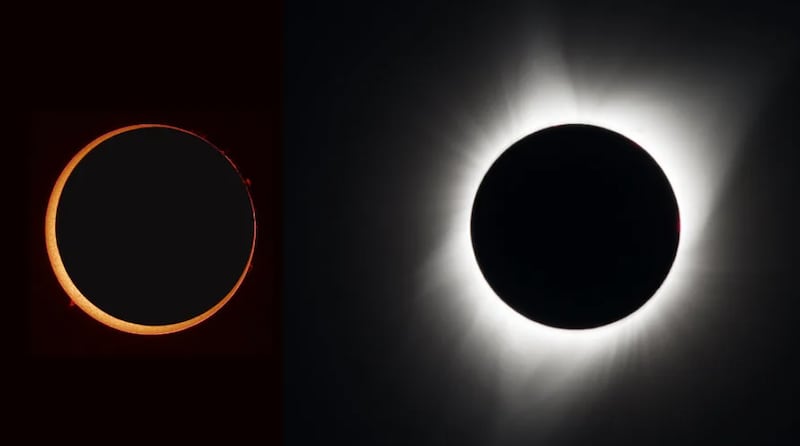 Izquierda, Eclipse anular: Stefan Seip (3 de octubre de 2005). Derecha, Eclipse total, NASA/Aubrey Gemignani (21 de agosto de 2017).