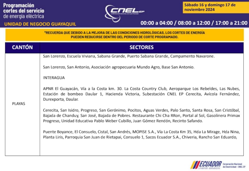 Guayaquil: horarios de cortes de luz de este domingo 17 de noviembre. Imagen: CNEL