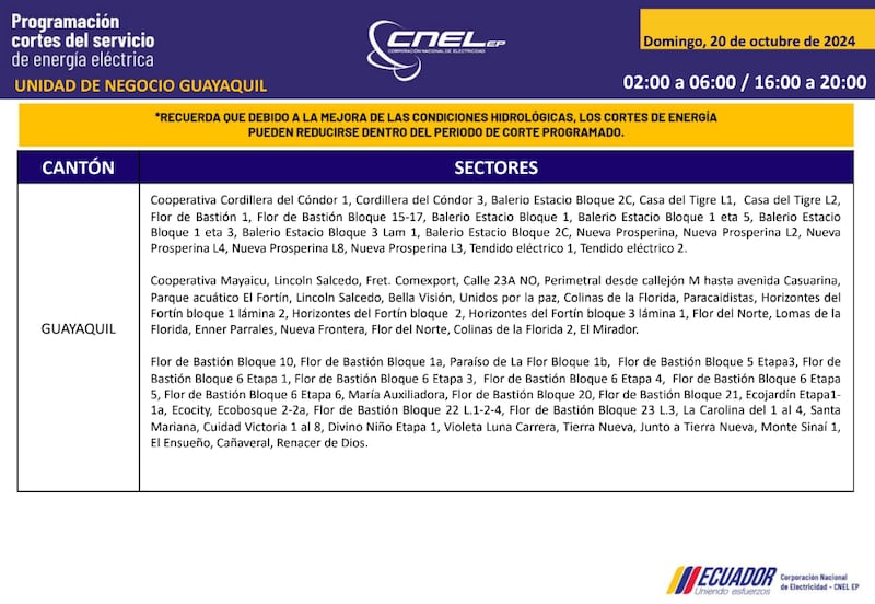 Guayaquil: horarios de cortes de luz para este sábado 19 y domingo 20 de octubre. Imagen: CNEL