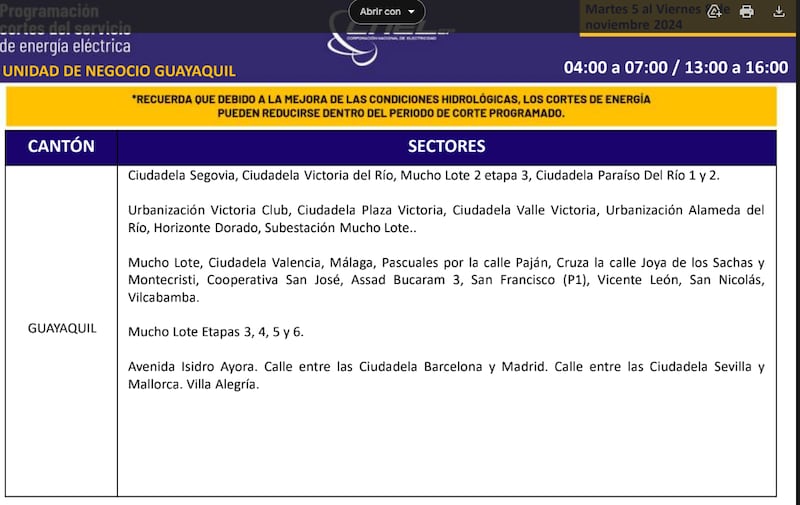 Cortes de luz en Guayaquil hasta el 8 de noviembre