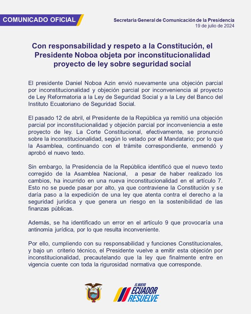 Daniel Noboa objeta por inconstitucionalidad proyecto de ley sobre seguridad social